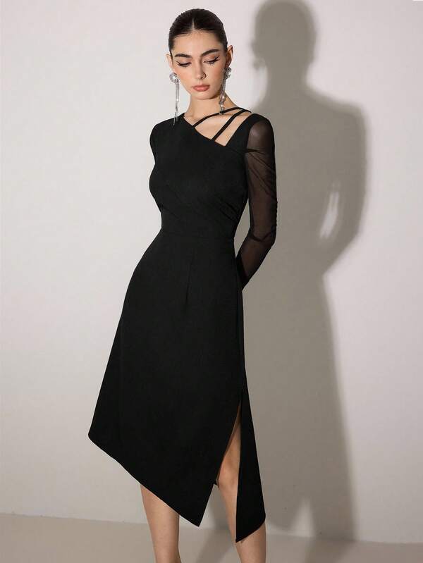 Poshira Vestido formal elegante con hombros asimétricos descubiertos para mujer, vestido de cóctel negro de ajuste ceñido