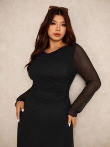 Elaquor 大码女式连帽连衣裙，时尚休闲优雅，柔软高弹网眼面料，秋季新品 - 黑色 - 查看 6