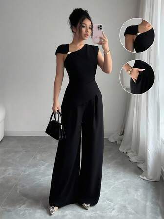 Elenzga 女士优雅露肩金属装饰无袖不对称下摆修身上衣和宽松直筒裤两件套，适合春夏度假