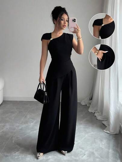 Elenzga Women's Elegant Off-Shoulder Metal Decor Sleeveless Asymmetric Hem Fitted Top And Loose Straight Leg Pants 2 Pieces Set, Versatile For Spring/Summer Vacation