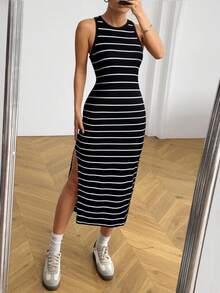 SHEIN EZwear 夏季休闲假期黑白条纹侧开衩紧身连衣裙 - 黑色 - 查看 5