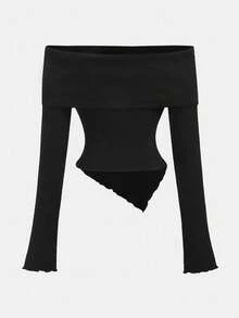 Girlism 优雅露肩不对称下摆长袖T恤，适合少女 - 黑色 - 查看 2