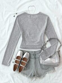 قميص تريكو بنات المراهقات بلون أحادي بطراز BM، رقبة دائرية، بلوزة بفيونكة وتصميم تباين اللون، مطرز على الخصر، تصميم مجمع، أكمام طويلة، ملابس صيفية أساسية وكاجوال