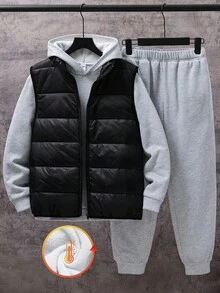 SHEIN 3pcs Casual Solid Color Loose Fit Hoodie, Vest And Sweatpants Set For Teens, Suitable For Commuting, School, Daily Casual, Travel, Sports, All Seasons, Boys 3 Piece Winter Set