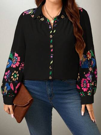 Flouryn Plus Size Women Floral Print Long Sleeve Single-Breasted Casual Loose Shirt Fall Cloth For Women