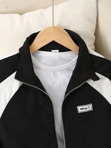 SHEIN Jaket Baseball Kerah Tegak dengan Warna Kontras untuk Remaja Perempuan, Kasual dan Serbaguna, Cocok untuk Kembali ke Sekolah, Cocok untuk Ibu dan Anak, Musim Gugur dan Musim Dingin - Hitam dan Putih - View 14