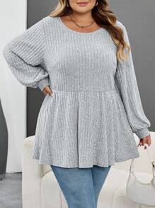 SHEIN CURVE+ Große Größen Lässig einfarbiges Laternenhülse T-Shirt, Herbst/Winter Kleidung für Frauen, CURVE PLUS - Grau - Übersicht 4