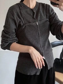 Women's Round Neck 2 In 1 Camisole With Bowknot Decor, Front Zipper Decoration, Solid Color Urban Sweater Fall - Black - View 3