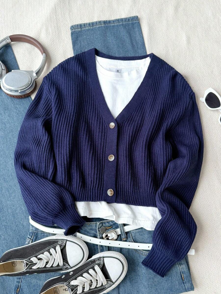 Tween Girls Casual Everyday Simple Solid Color Ribbed Knit Cardigan, Autumn/Winter - Royal Blue - View 1