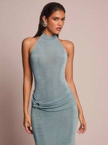 Glamine 女装夏季新款红色性感深V领长包红色流苏面料连衣裙，琥珀色串珠装饰设计，适合海滩度假 - 藍色 - 查看 4