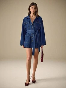 Selenza Women's Long Sleeve Single-Breasted Cargo Pocket Casual Denim Jacket - Blue - View 6