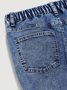 SHEIN 青少年男孩石洗做旧紧身牛仔裤，适合返校服装和秋季服装 - 深色水洗藍 - 查看 5