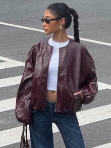 Muchica Autumn/Winter Burgundy PU Leather Round Neck Loose Short Jacket For Going Out Outfits, Back To School, Streetwear, Y2K Clothes - Burgundy - View 4