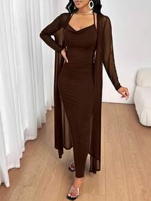 SHEIN Lady 2025 New All Seasons Brown Suit Long Sleeve Robe & V-Neck Dress Elegant 2 Pieces Set Fall Clothes For Women Party Dress  Chic Women's Set Halloween Christmas Women's Clothing Going Out Outfit - Mocha Brown - View 7