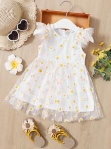 SHEIN Vestido De Malla Con Contrastes De Manga De Mariposa E Impresión Floral Para Bebé Niña - Blanco - Ver 1
