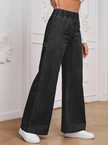 EMERY ROSE Quần denim dệt ống rộng cạp cao thoải mái, dễ phối đồ cho nữ, đa năng cho mọi mùa - Xám - Xem 5