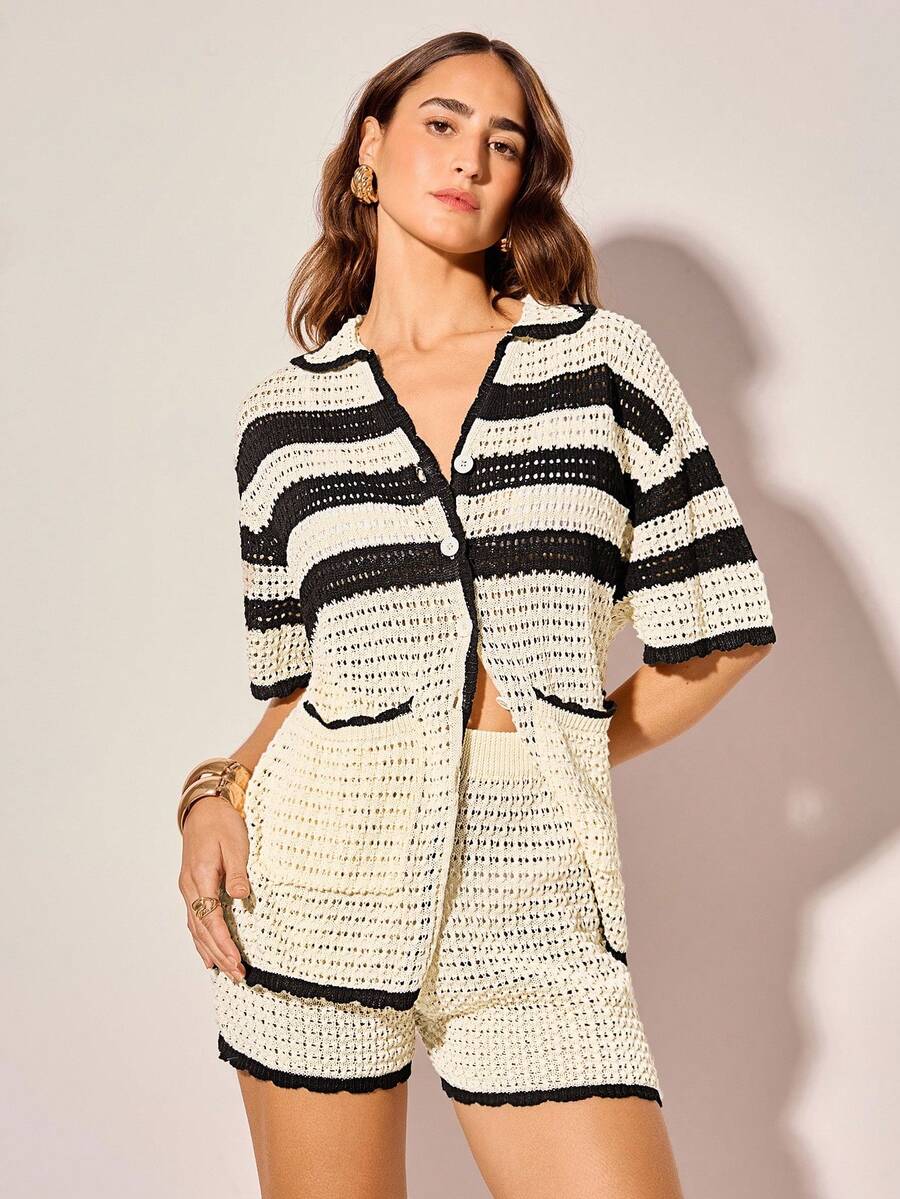 CAJUNI 女士撞色镂空针织上衣 - 黑與白 - 查看 1