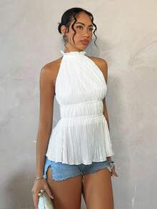 SHEIN BAE ملابس علوية قصير مكشوف الظهر للصيف والعطلات، ملابس علوية مجعد جذاب للمواعدة، ملابس علوية هالتر للنساء للصيف/الربيع/عيد الحب/الكرنفال/عطلة الشاطئ - أبيض - مشاهدة 1