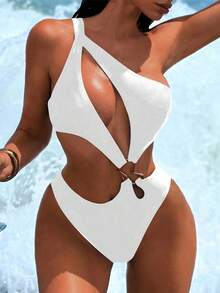 Swim SXY 1 件装女士性感不对称肩部镂空金属装饰连体泳衣夏季 - 白色 - 查看 3