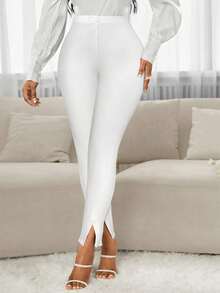 SHEIN PETITE CURVE Plus Size Women's Solid Color High Stretch Button Design Skinny Casual Pants