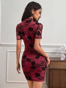 EastFlair Đầm ngắn tay in hoa cổ bẻ thanh lịch cho nữ - Màu Đỏ Sâu - Xem 6