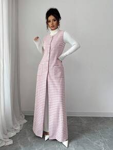 Elenzga Women's Elegant Pink Plaid Sleeveless Long Jacket, Autumn - Multicolor - View 3