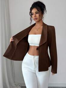 Elenzga 新款女式缺口领长袖梭织纯色前开仿口袋设计通勤休闲修身优雅年轻女士夹克，春秋季 - 棕色 - 查看 7