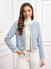 Ellevyn Elegante französische Karojacke für Damen im Herbst, Business-Lässig für Herbst/Winter - Blau-Weiß - Übersicht 8