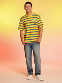 SpongeBob SquarePants | SHEIN Men's Cartoon & Striped Print Round Neck Short Sleeve T-Shirt - Yellow - View 4