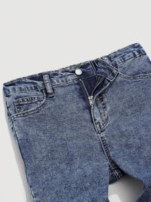 SHEIN 青少年男孩石洗做旧紧身牛仔裤，适合返校服装和秋季服装 - 深色水洗藍 - 查看 3