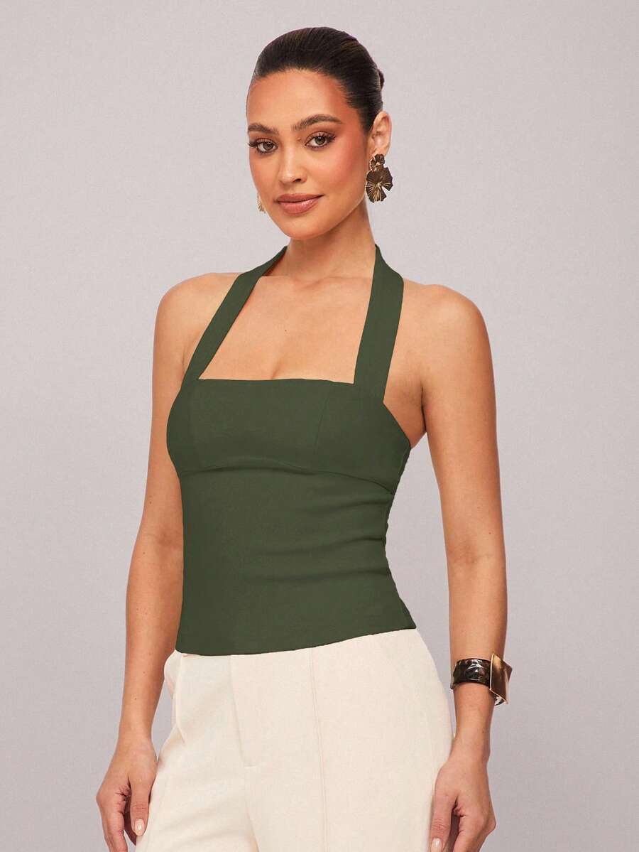 Silquee Women's Solid Color Pleated Fitted Halter Neck Camisole - Army Green - View 1