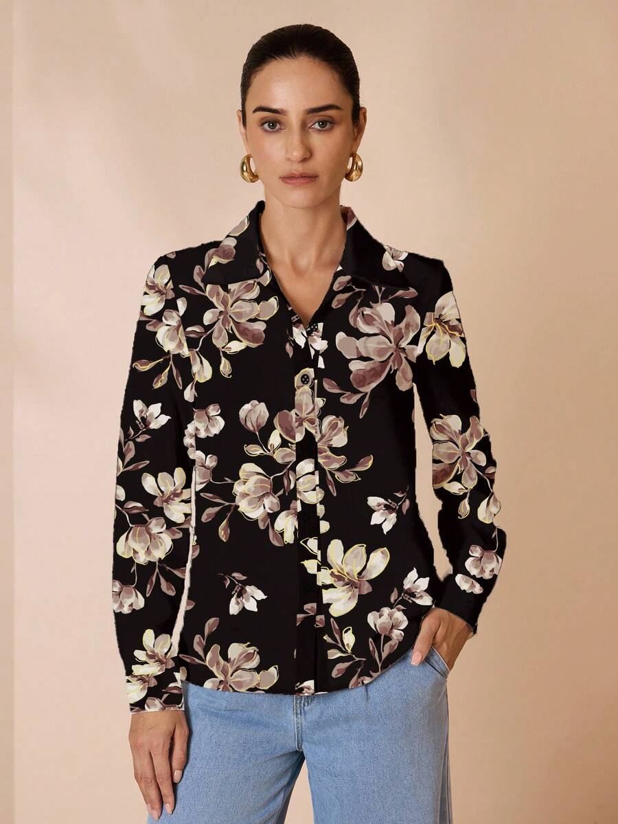 Glamance Shutterstock 黑色花卉印花休闲优雅简约女士长袖翻领衬衫,适合日常、工作、外出、办公室、旅行、教师节、波西米亚风、秋冬季穿着。花卉衬衫,适合工作场合,时尚别致的女式衬衫。 - 彩色 - 查看 1