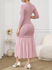 Modelyn Damen elegantes Patchwork-Meerjungfrau-Saum figurbetontes Pulloverkleid, Herbst - Korallenrosa - Übersicht 2