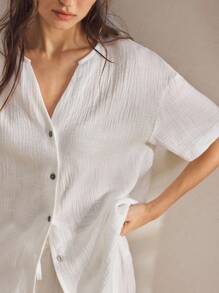 Ocili 女士棉质休闲开衫和短裤睡衣套装 - 白色 - 查看 6