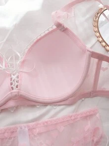 2 件套聚拢 3/4 罩杯加厚文胸，交叉肩带，蝴蝶结，心形透明刺绣蕾丝花边，荷叶边，可爱性感女士内衣套装，粉色透明内裤 - 粉色 - 查看 5
