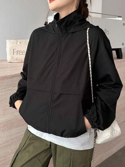 SHEIN 少女纯色前拉链长袖休闲连帽轻便夹克