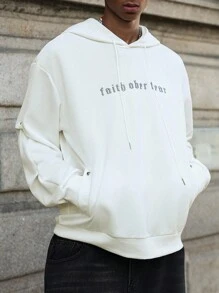 Manfinity EMRG 年轻、街头、哥特字母刺绣白色连帽衫 - 白色 - 查看 8