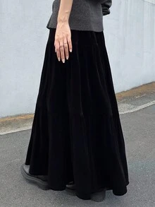 FRIFUL 女式弹性腰部天鹅绒A字长裙 - 黑色 - 查看 4