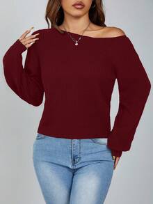 SHEIN PETITE 斜肩坑条纹套头衫女式毛衣 - 酒紅色 - 查看 5