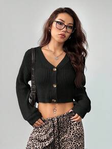 SHEIN PETITE White Lantern Sleeve Button Front Rib Knit Cardigan Cardigan Cropped Crop Top Sweater Cropped Cardigan In Fall/Winter - Black - View 5