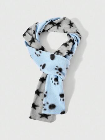 Anime 1 pieza Bufanda larga suave y cálida con estampado de patita de gato y estrella, personalizada en color azul-gris, adecuada para combinar a diario en invierno