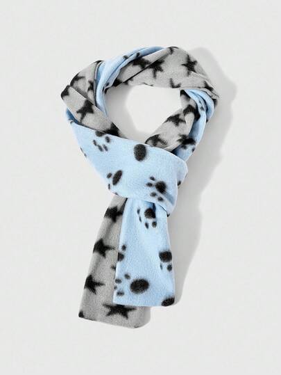 Anime 1pc Cute Cat Paw & Star Pattern Thick Warm Soft Scarf, Personalized Blue-Grey Splice Long Scarf, Suitable For Daily Matching, Winter