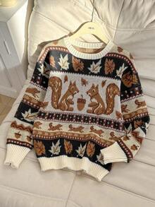 Franclia Sweater Lengan Panjang Leher Bulat Motif Tupai Kasual Musim Gugur untuk Wanita, Musim Gugur - Hitam - View 5