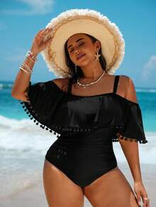 Swim Vcay Plus Size Fringe Decor Ruffled Hem One-Piece Swimsuit, Casual For Resort For Summer Beach Vacation - Black - View 4