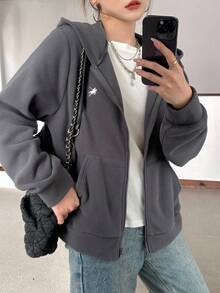 SHEIN 少女灰色双面羊毛刺绣马匹休闲宽松夹克，简约学院风休闲夹克 - 灰色 - 查看 3