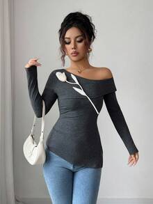 Elenzga Tricou elegant pentru femei, cu mânecă bufantă, decorat cu nasturi, tiv divizat, guler rotund - Caisă - Vizualizare 3