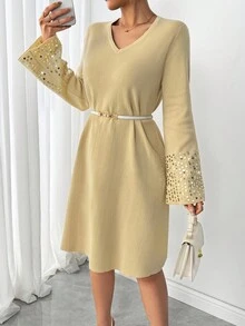 Modelyn Vestido de suéter casual y holgado con cuentas para mujer - Camel - Ver 3