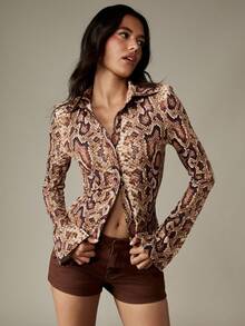 MISSGUIDED Women Snakeskin Print Button Up Collared Shirt Long Sleeve Form Fitting Shoulder Pad Blouse Classic Professional Autumn Winter Fashion - Brown - View 1