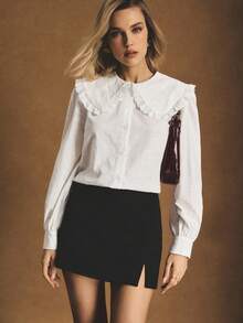 Poéselle Áo sơ mi màu trơn cổ Peter Pan thường ngày dành cho nữ, Áo đi chơi cho nữ, Áo cánh thanh lịch cho nữ, Năm mới, Áo cánh thường ngày cho nữ, Phụ nữ công sở thường ngày, Tiền bạc lâu đời, Phụ nữ thanh lịch, Thường ngày cho nữ, Thu/Đông, Áo trắng - trắng - Xem 2