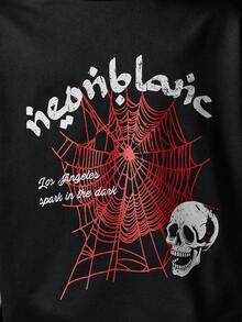 NEON BLANC Men's Casual Spider Web & Letter Print Short Sleeve T-Shirt, Halloween - Black - View 4